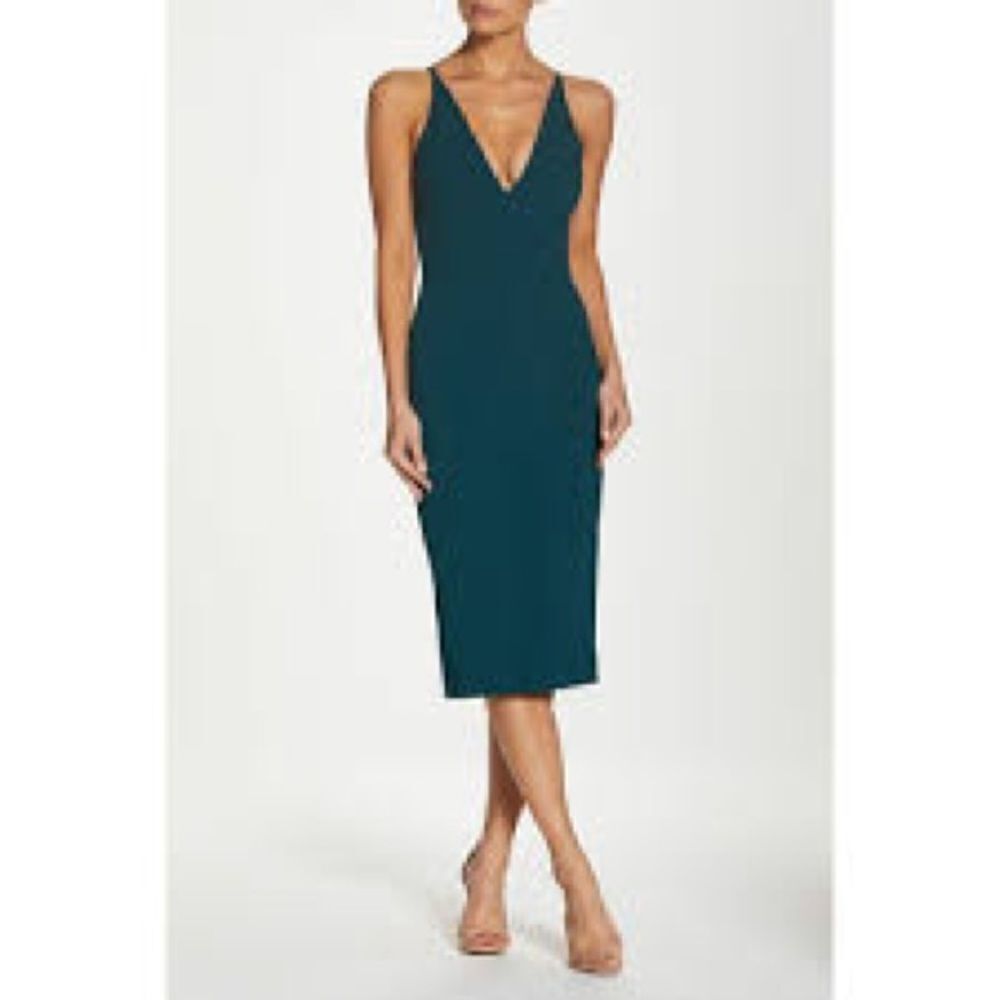Dress the Population Lyla V-Neck Midi Bodycon Cocktail Dress in Pine, NWT